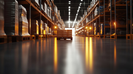 Obraz premium A brightly lit warehouse aisle with a packed pallet of goods placed neatly on the floor, surrounded by clean space for trade visuals with text.