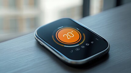 Smart thermostat displaying 20 degrees Celsius on a table.