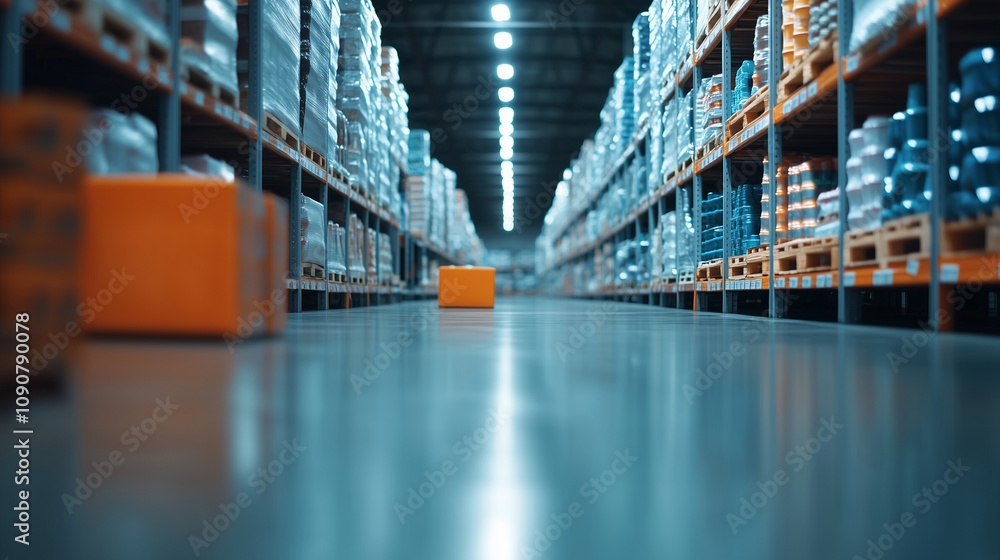 Poster in a bright warehouse, a packed pallet of assorted grocery items is placed in a spacious aisle, crea