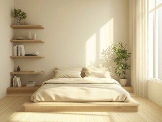 Fototapeta premium Minimalist Bedroom Design With Wooden Platform Bed And Shelves