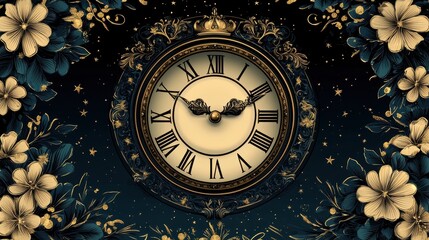 Obraz premium Elegant New Year theme with a golden vintage clock, floral accents, and midnight stars, portrayed in a sophisticated artistic illustration