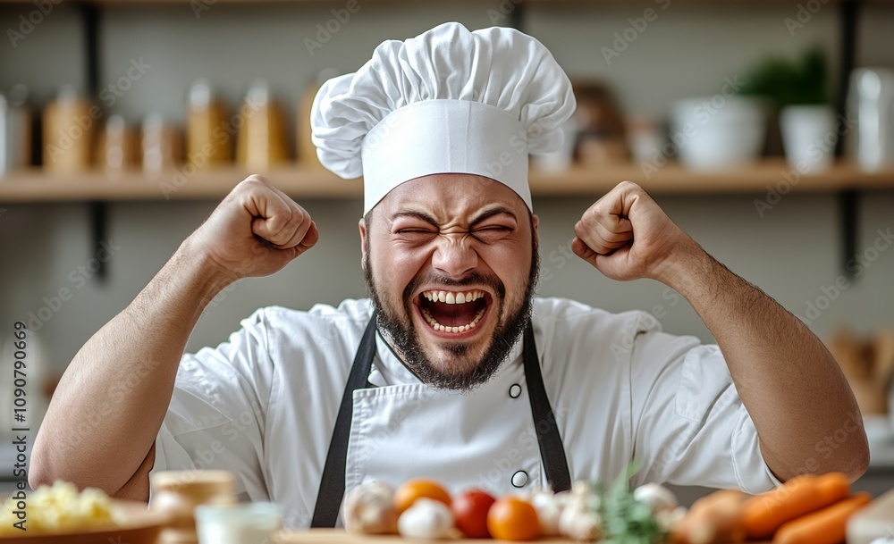 Poster chef is smiling and cheering while standing in front of a table full of food. the chef is wearing a 