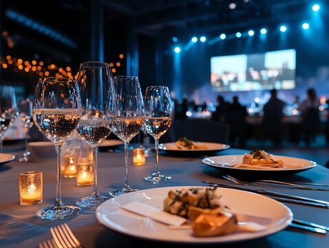 A corporate gala event with a formal dinner, stage, and award ceremony