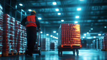 Under industrial lights, a loader in reflective gear pushes a hand trolley with a packed pallet through a spacious grocery warehouse, perfect for wholesale visuals with room for te