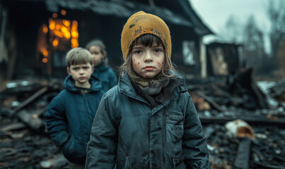 Fototapeta premium Three children stand in ruins wearing winter clothes. Burned house with visible fire and smoke in the background. Faces reflect sadness and loss. Cold, desolate atmosphere with destruction around