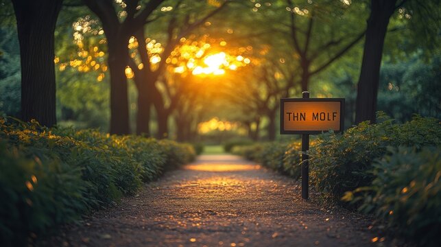 A sunlit path through trees with a sign indicating "THN MOLF."
