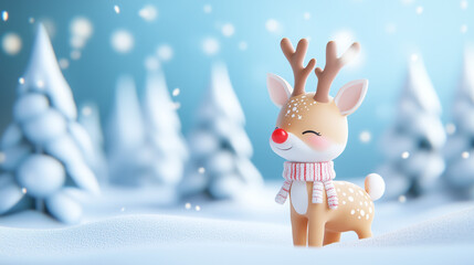 Cartoon reindeer with a red nose and scarf in a snowy forest