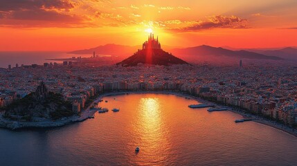 Obraz premium Breathtaking Sunset Over a Coastal City with Iconic Structures and Mountains Silhouetted Against a Vibrant Sky, Capturing Natural and Urban Beauty
