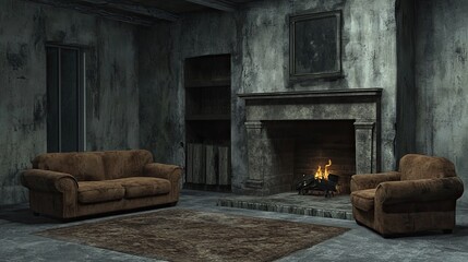Fototapeta premium Abandoned room with fireplace, sofa, and armchair.