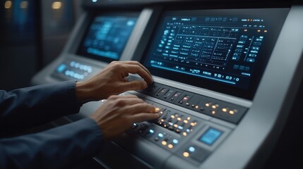 Hands Adjusting Controls on a Modern Interface of a High-Tech Machine in a Dimly Lit Environment with Vibrant Digital Displays and Buttons