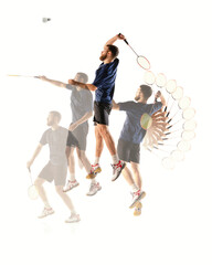 Detailed motion sequence of badminton player performing high smash. Showcases athletic skill and...