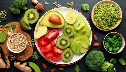 Flat lay style healthy food concept with oat avocado herbs vegetables and fruit. Mediterranean cuisine.