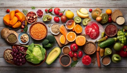 Flat lay style healthy food concept with oat avocado herbs vegetables and fruit. Mediterranean cuisine.