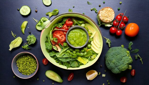 Flat lay style healthy food concept with oat avocado herbs vegetables and fruit. Mediterranean cuisine.