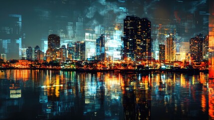 Naklejka premium Night cityscape reflected in water, vibrant lights and digital overlay.