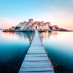Obraz premium A bridge disappearing into the water, leading to the remnants of a sunken town