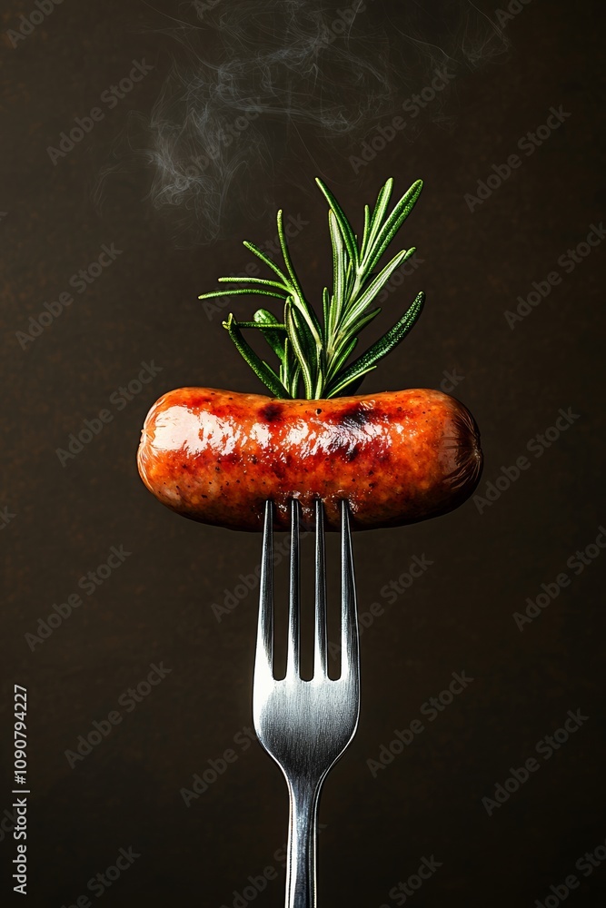 Poster fork with a sausage on it. the sausage is on a fork and is surrounded by a bunch of green leaves