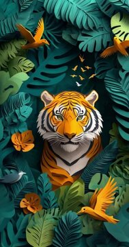 Tiger jump to roar among the forest with plant leaves