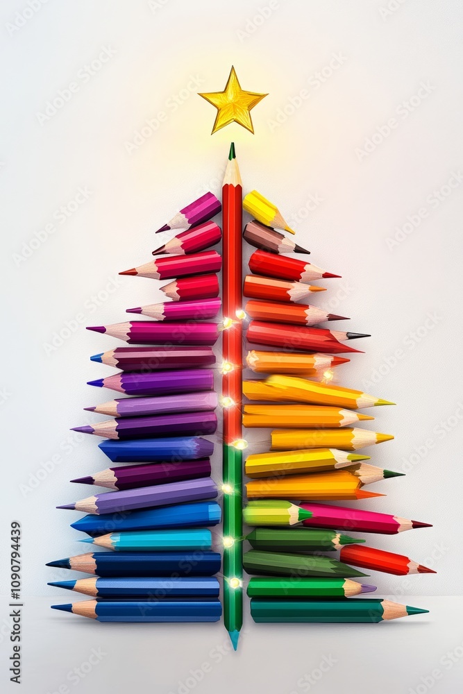 Poster christmas tree made out of pencils. the tree is made up of many different colored pencils, and it is