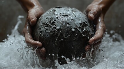 Fototapeta premium Hands holding a textured sphere submerged in turbulent water.