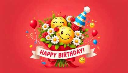 Cheerful bouquet with smiling emojis, flowers, and a birthday greeting, set against a vibrant red background