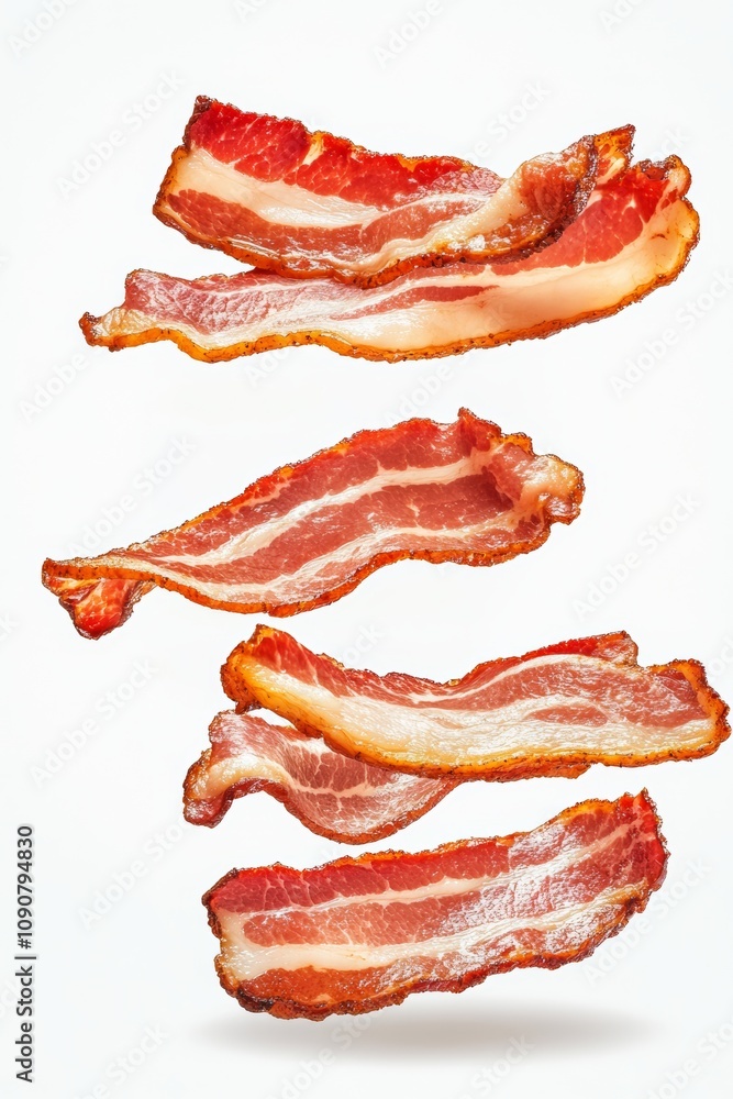 Poster four slices of bacon flying through the air. the bacon is cooked and he is crispy. the slices are po