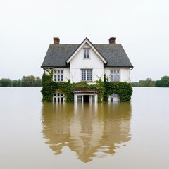 Obraz premium A flooded farmhouse, with vines and moss creeping over its submerged frame