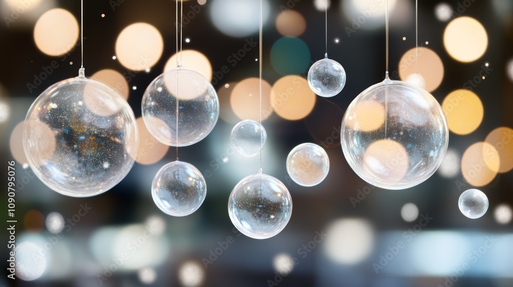 Poster captivating display of translucent spheres suspended on a string, creating an ethereal ambiance with