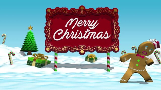 Gingerbread man dancing in front of red Merry Christmas and Happy New Year sign on snowy field