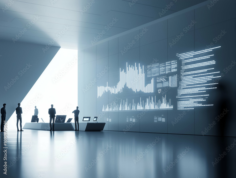 Poster a futuristic office space with people interacting and digital displays showing data visualizations o
