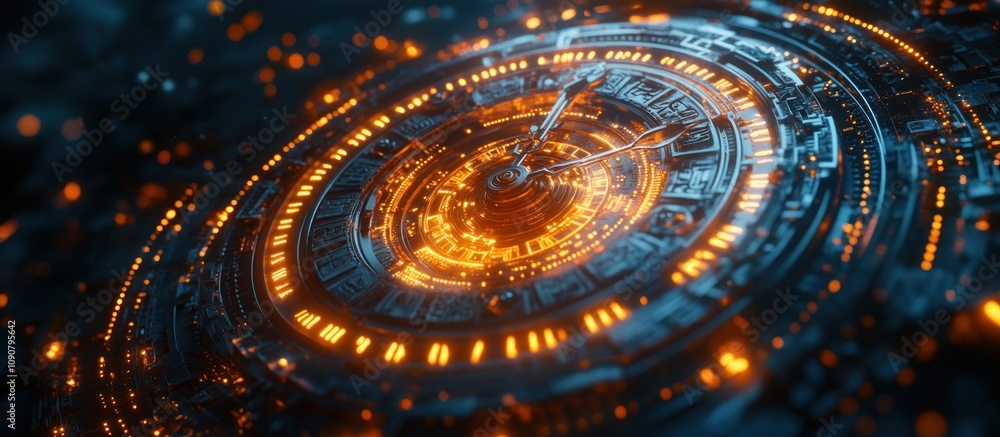 Poster futuristic clock with glowing elements and intricate design.