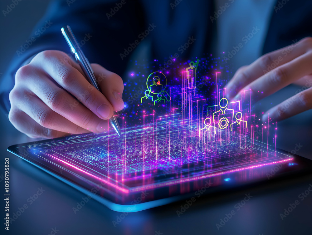 Poster a person interacts with a glowing digital tablet, creating vibrant visualizations with a stylus, sym