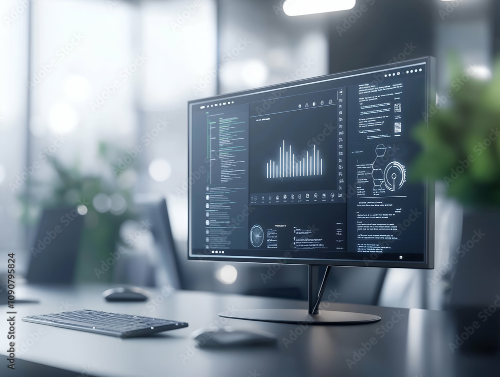 Aufkleber a sleek computer monitor displays data analytics in a modern office setting, highlighting technology