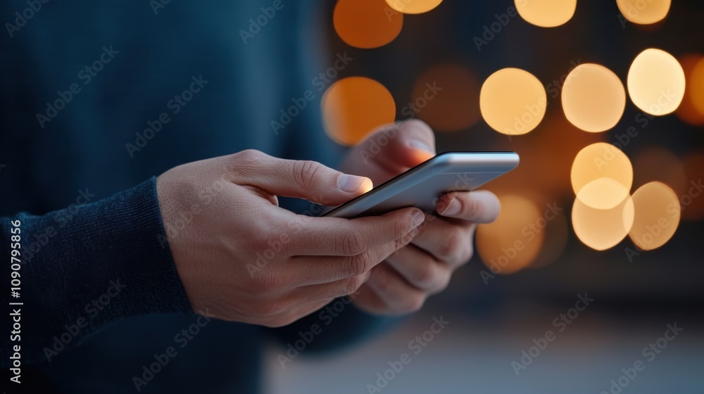 Aufkleber mobile device in user's hands with soft background glow