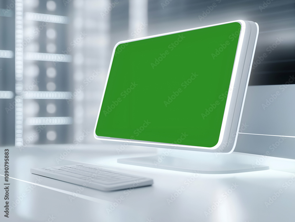 Poster a modern computer monitor with a green screen sits on a sleek desk, showcasing a minimalist workspac