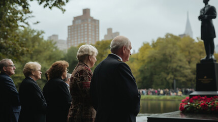 Obraz premium An outdoor commemorative ceremony, with attendees dressed formally, standing around a monument, overcast lighting adding to the reflective and solemn tone