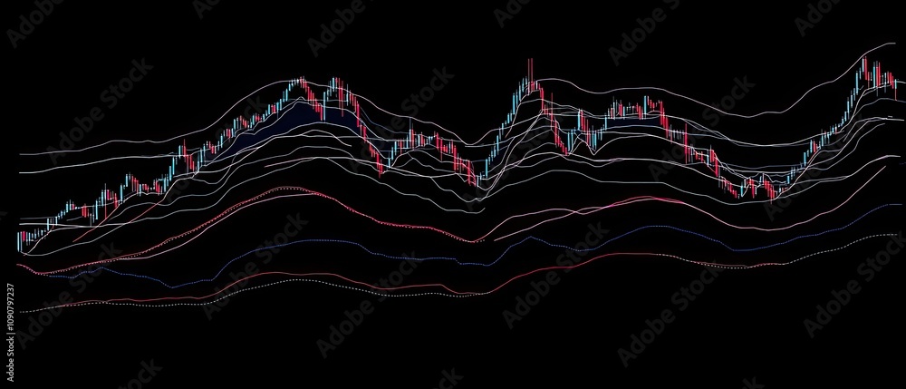Poster abstract stock market chart showing financial data trends with candlestick patterns and moving avera