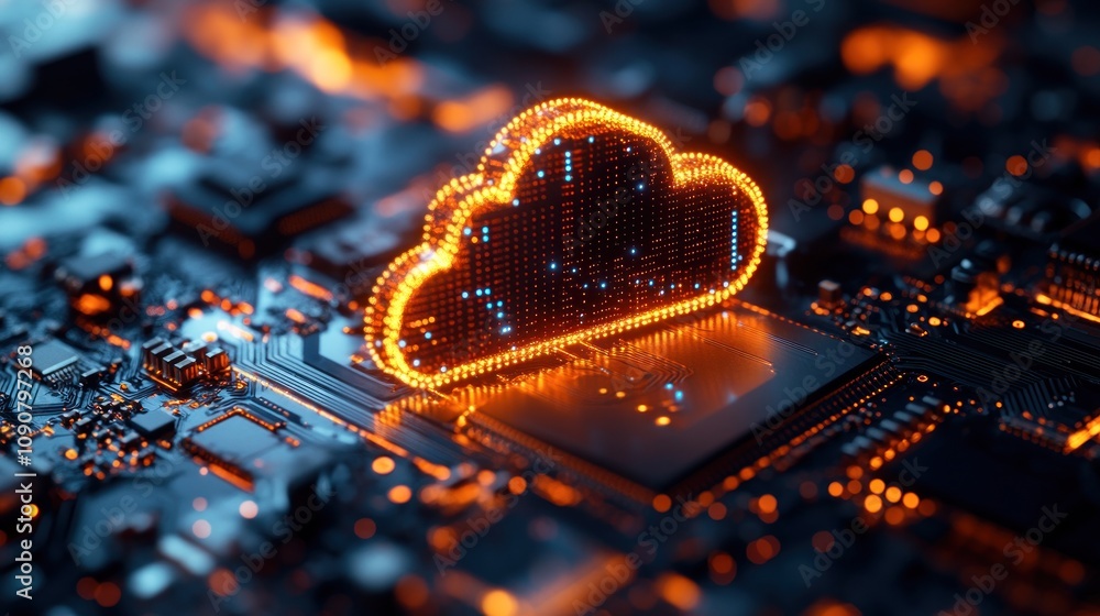 Poster digital cloud symbol on a circuit board, representing technology.
