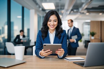 Obraz premium Smiling Young Hispanic Businesswoman Working with Tablet in Trendy Office
