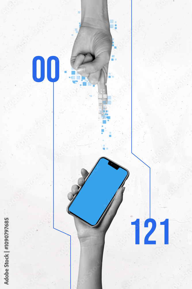 Poster vertical photo collage of hand point phone screen device matrix element cyberspace app technology it