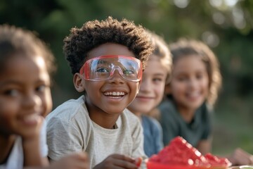 Group of enthusiastic children wearing safety goggles are conducting a science experiment outdoors, their faces beaming with excitement and curiosity as they engage in hands on learning