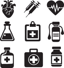 Medical icon set vector. including first aid kits, syringes, pills, stethoscope, boots, eye drops, and more. Simple, solid glyph style.