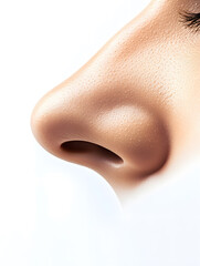 Obraz premium Closeup young woman face side view. Plastic surgery nose rhinoplasty 