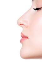 Closeup young woman face side view. Plastic surgery nose rhinoplasty
