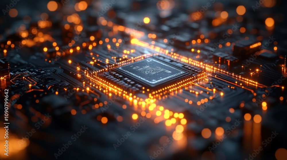 Poster close-up of a circuit board with glowing components and connections.