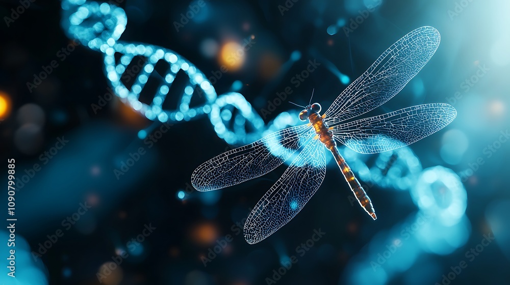Poster dragonfly overlapping with dna helix conceptual image