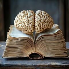 A brain rests on an open book, symbolizing knowledge and intellect.