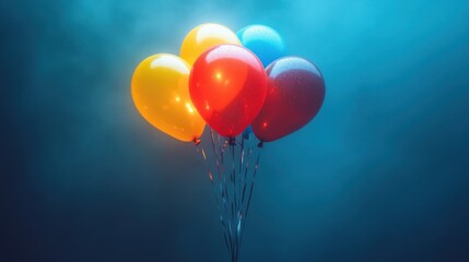 Colorful balloons floating in a misty atmosphere.