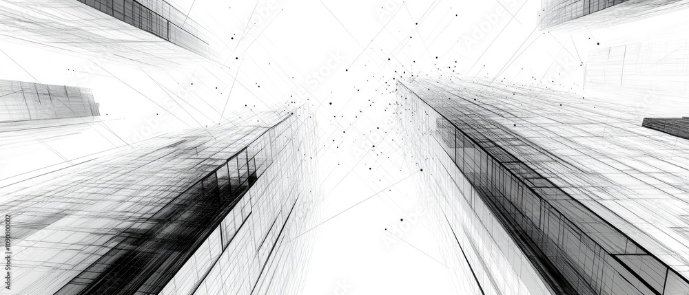 Poster abstract grayscale image of futuristic skyscrapers reaching for the sky, with a network of lines con
