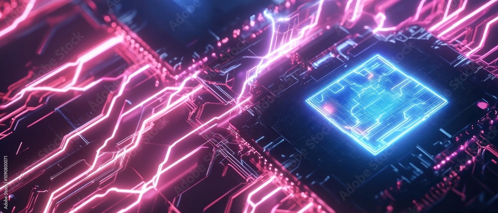 Poster abstract glowing circuit board with central processor. (1)